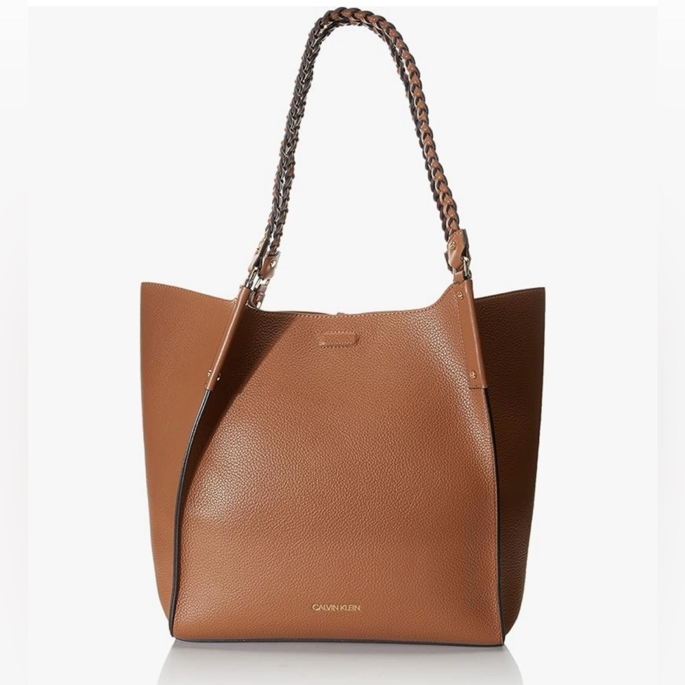 Calvin Klein Shelly Novelty Satchel. Carmel Brown. Braided Dual Handles.